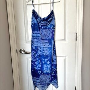 90s Vintage Sleeveless Spaghetti Strap Blue Print Pattern Dress Women’s Small